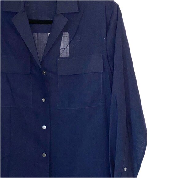 THEORY Airy Shirt Sheer Navy Blue Womens Sz P Button-up Notch Collar Hi-Lo Hem - Picture 4 of 10
